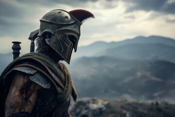 Spartan warrior illustration, battlefield in background, concept of fiction and history. Generative AI
