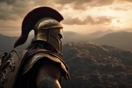 Spartan warrior illustration, battlefield in background, concept of fiction and history. Generative AI