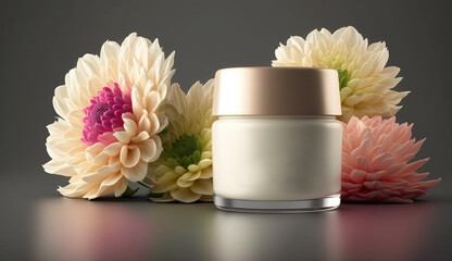 Obraz na płótnie Canvas White blank 3D cosmetic cream jar with colorful dahlia flowers. Elegant skincare product presentation. Beauty and spa mockup template with copy space for text. Natural, organic concept. Generative AI.