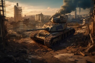 War tank illustration and destroyed city in the background. Generative AI