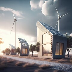 Illustration of futuristic contemporary single-family home using clean energy - solar and wind