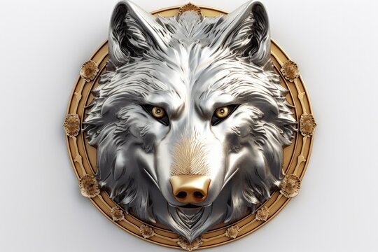 Wolf emblem illustration, silver with gold trim, white background. Generative AI