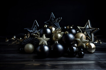 Naklejka premium New Year decorations on black wood. - Generative Ai - Festive, Celebration, Party, Holiday, Winter, January, Countdown, Tradition, Ornament,.