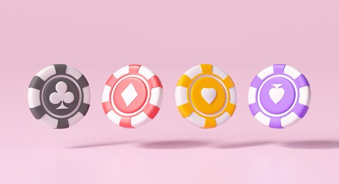 
Casino chips and 3d cubes. Flying chips for online casino and mobile gambling applications, winner poker, wealth concept. On a pink background. 3D illustration.