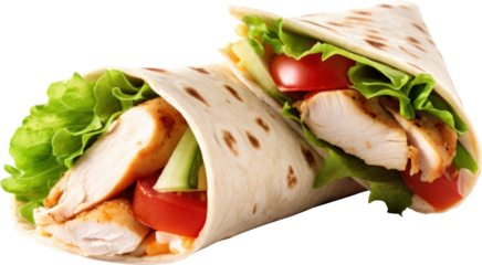 Chicken wrap with tomato cucumber and lettuce isolated. Generative AI.