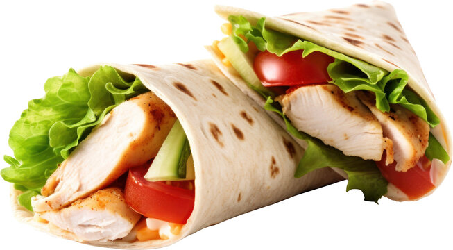 Chicken wrap with tomato cucumber and lettuce isolated. Generative AI.