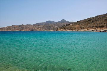 Panoramic view of the wonderful turquoise beach of Plakes in Ios Greece