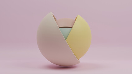 3d rendering. Elegant cream hemispheres on a pink background.  The hemispheres are in different positions. They have different colors within the color balance. Abstract 3d illustration.