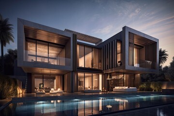 contemporary house with a stunning outdoor pool. Generative AI