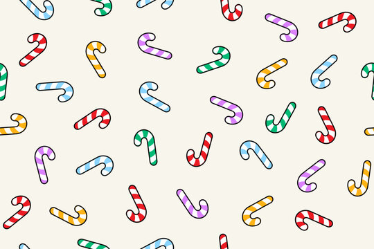 Cool seamless wallpaper with colorful candy sticks. Background for decoration. Light grey background. Vector illustration.