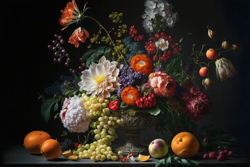 Fototapeta na wymiar Classic still life composition, vase, fruit. Generative AI