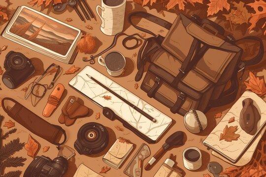 an illustration of Knolling autumn travel inventory Generative AI