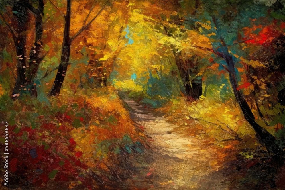 Poster serene pathway surrounded by tall trees in a forest. generative ai