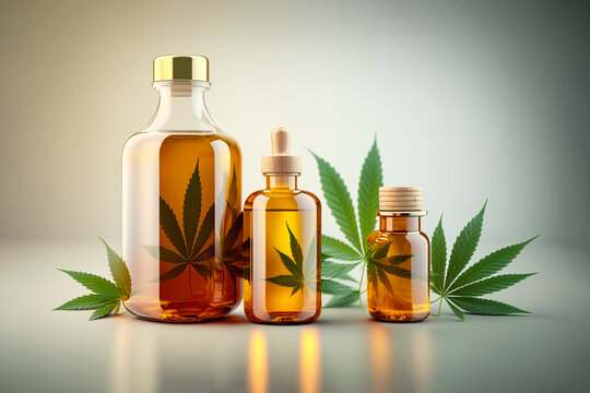 CBD oil in glass bottles and cannabis leaves 