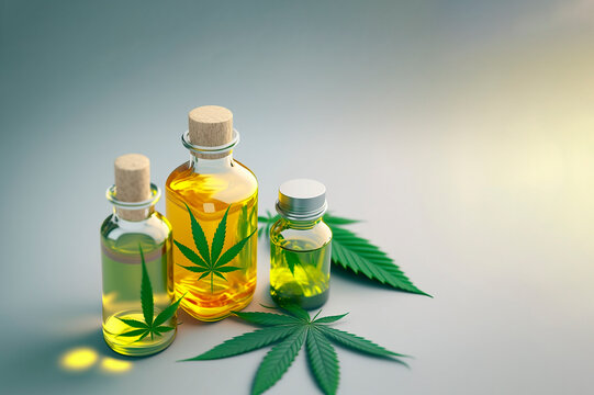 CBD oil in glass bottles and cannabis leaves 