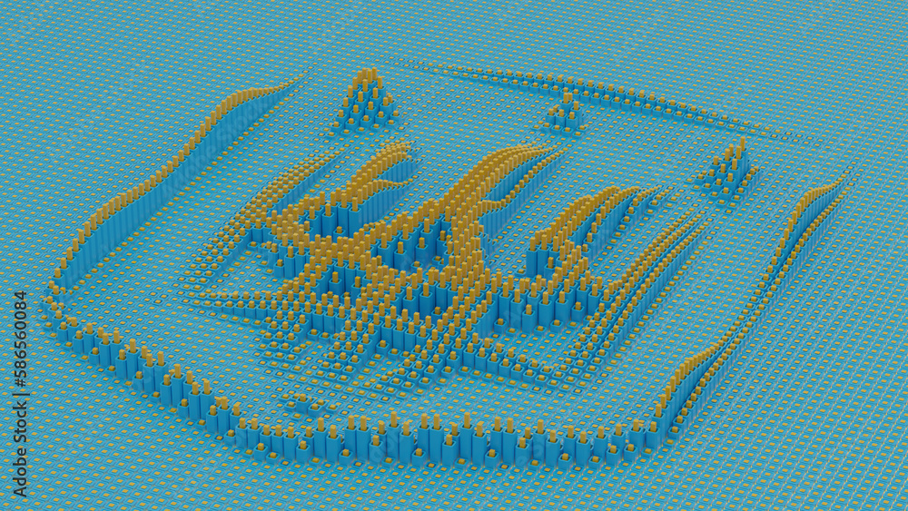 Poster 3d rendering. the image of the state emblem of ukraine in relief of many cubes. columns of different