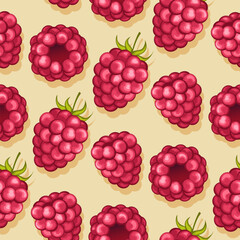 Natural fresh organic forest raspberry with green leaves. seamless pattern vector illustration. Bright, red, juicy, summery, fruity. for wrapping paper and textiles,clothing design and food packaging