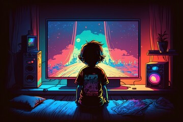 Child sits his room in front of a monitor and plays video games. cartoon style. Generative AI