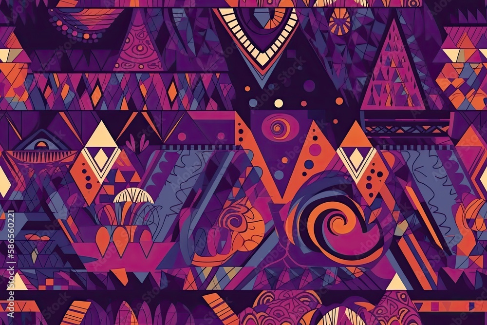 Poster vibrant and intricate pattern with geometric shapes and bright colors. generative ai