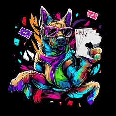 Art illustration of a dog gambling and playing cards  - obrazy, fototapety, plakaty