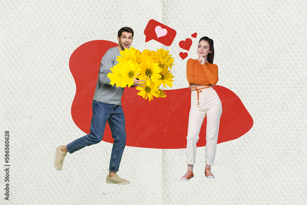 Poster creative 3d photo artwork graphics collage painting of happy smiling lady guy having first date isol