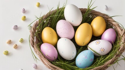 Colorful Easter Egg and Decoration, Top View, Holiday Background