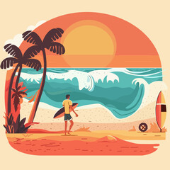 Tropical beach with sand, Palm tree, ocean or sea waves, sunset. Flat Illustration. Summer activities Man going surfing. Perfect content for wallpaper, postcards, posters and other creative projects.