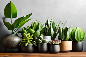 Collection of various succulent plants and peace lily in different pots. Houseplants against wall. Copy space.
