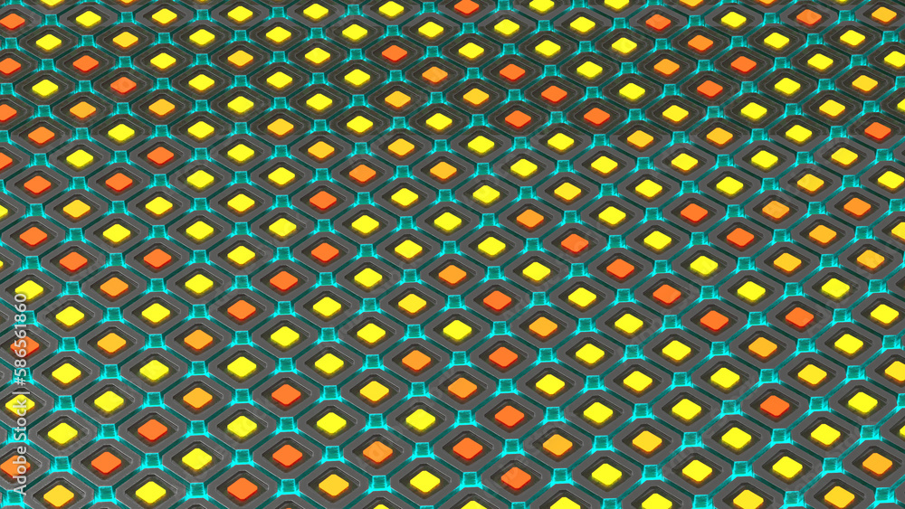 Poster 3d rendering. a lot of metal square tiles with a glowing core. abstract futuristic background drawin