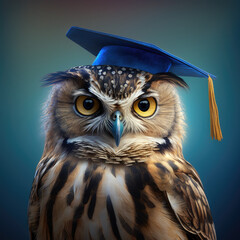 Photo close up of owl in graduation hat created using generative ai technology.