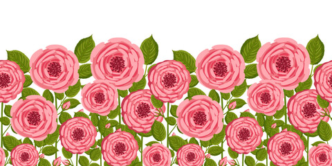 Seamless pattern with blooming roses. Vector floral illustration for postcard, poster, fabric, wrapping paper, decor etc. Flowers for spring and summer holidays.