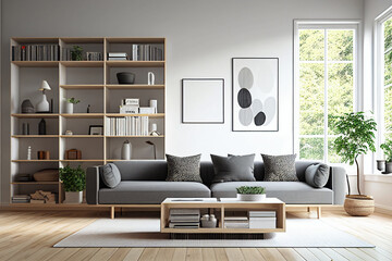 Interior of modern living room with white walls, wooden floor, comfortable gray sofa and bookcase. 3d rendering generative ai