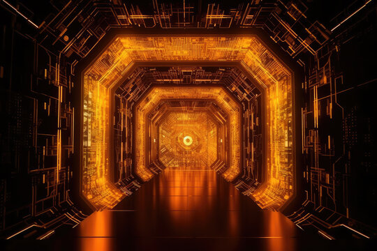 Futuristic Metaverse Tunnel with Polygon Shapes and Circuit Boards. Generative AI