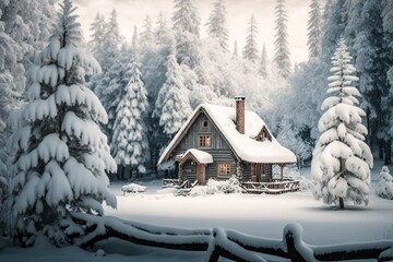 Winter fairy tale a cozy wooden cottage surrounded by snow. (Generative AI)