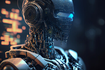 3d rendering robot or cyborg with circuit board on dark background generative ai