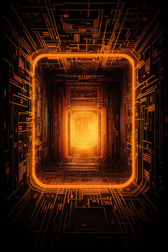 Futuristic Metaverse Tunnel with Polygon Shapes and Circuit Boards. Generative AI
