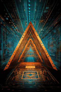 Futuristic Metaverse Triangle Tunnel with Polygon Shapes and Circuit Boards. Generative AI