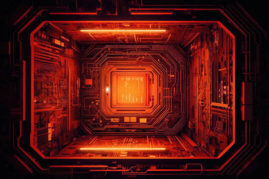 Futuristic Metaverse Tunnel with Polygon Shapes and Circuit Boards. Generative AI