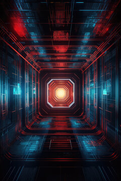 Futuristic Metaverse Tunnel with Polygon Shapes and Circuit Boards. Generative AI
