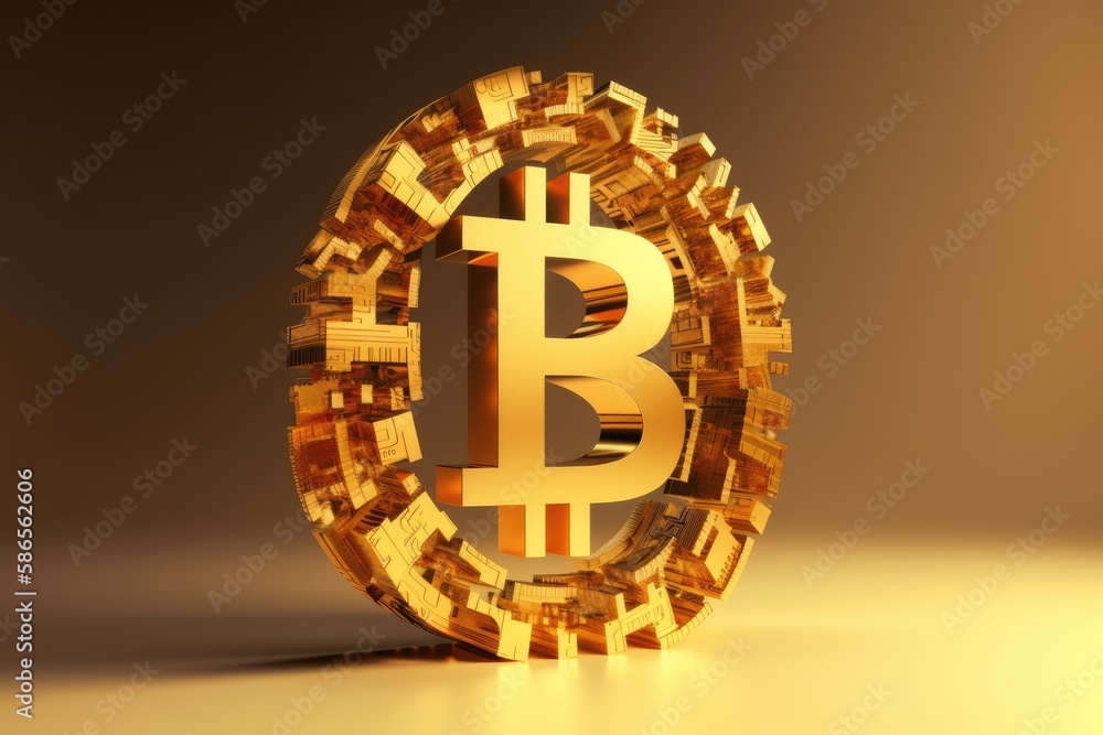 Aufkleber golden bitcoin in front of a technology background. generative ai