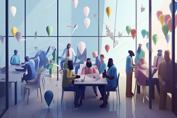 Low Poly 3D Illustration of Multicultural People At Work. Different Office Employees Working Together 
