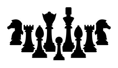 Silhouettes of chess pieces. Chessboard. Black and white. Chess icons. Vector chess isolated on white background. Playing chess on the Board. King, Queen, rook, knight, Bishop, pawn