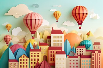Obraz premium Exploring the Sky: Hot Air Balloon Adventure over the City - Beautiful Paper Craft Art Origami Style for Baby Nursery & Children Design