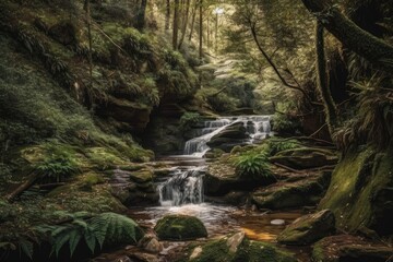 peaceful stream flowing through a vibrant green forest. Generative AI