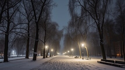 Frosty Winter Wonderland: A snow-covered Landscape in a City Park. Generative AI