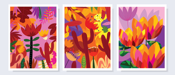 Fototapeta na wymiar Set of colorful tropical leaves flowers background hand drawn vector illustration. Exotic spring summer contemporary design for home decoration, wall art, prints.