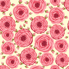 Seamless pattern with blooming roses. Vector floral illustration for postcard, poster, fabric, wrapping paper, decor etc. Flowers for spring and summer holidays.