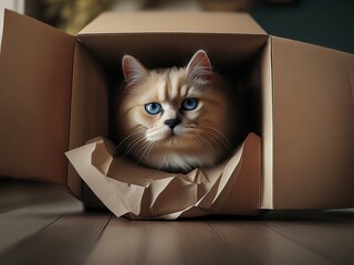 Cute cream persian cat in cardboard box on floor at home. Generative AI.