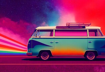 Trippy psychedelic van 1960s driving through surreal dreamy magical landscape with vibrant rainbow colors. Generative AI