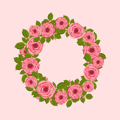 Vector round frame with blooming roses. Floral illustration for postcard, poster, invitation decor etc. Flowers for spring and summer holidays.